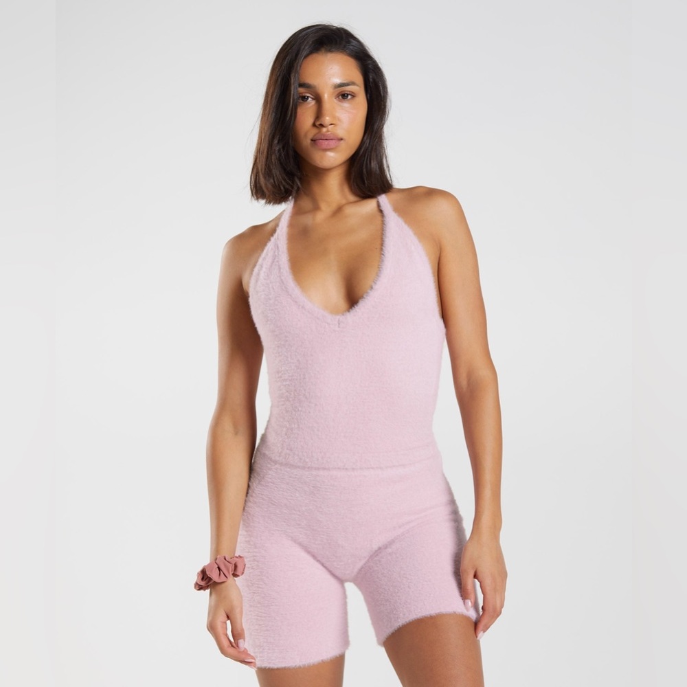 NWT Gymshark WHITNEY EYELASH KNIT MIDI HALTER TOP - Pressed Petal Pink - Size M